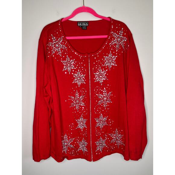 berek Sweaters - 2000s Berek Red Silver Sparkle Snowflakes Glam Christmas Full Zip Cardigan 3XL